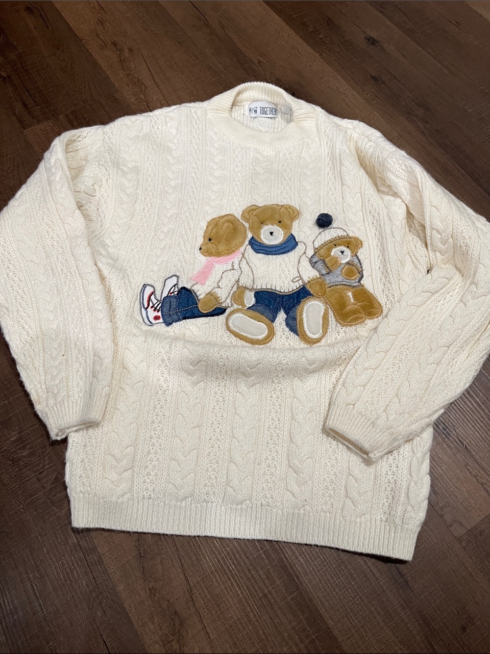 Together Cream Cable-Knit Sweater with Teddy Bear Appliqués- 1990’s. Never worn